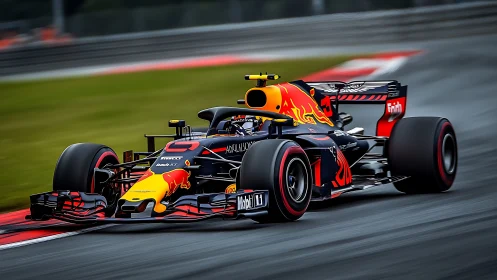 Scarlet circuit predator carving speed through wet tarmac.