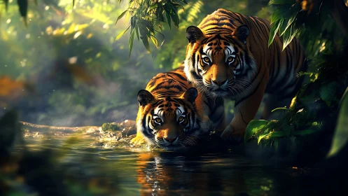 Bengal Tigers in Riparian Habitat: Mother and Cub Drinking from Stream.