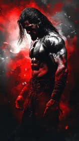 Muscular warrior figure in red and black digital composition.