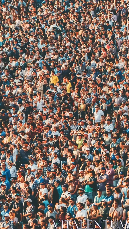 Sunlit stadium crowd captured in dense vertical layers.
