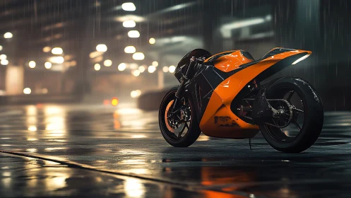 Stormlit orange superbike waits like a coiled neon thunderbolt.