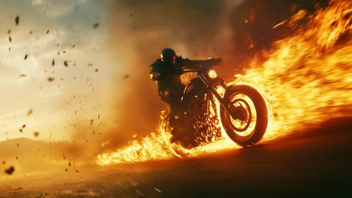 Blazing motorcycle rider carves a trail of dramatic fire