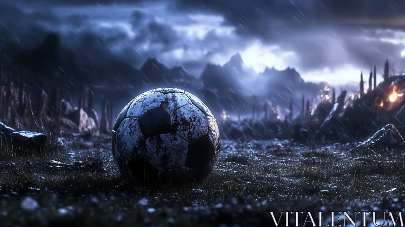 Weathered soccer ball rests on rain-soaked battlefield field.