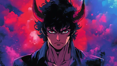 Storm-eyed demon antihero amid neon inferno clouds.