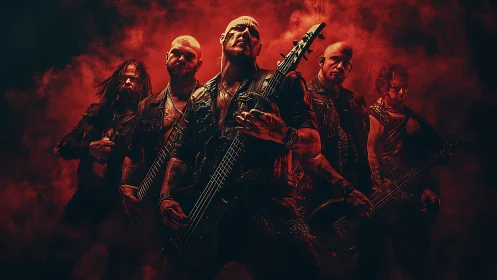 Fierce metal band posing in dramatic red stage smoke.