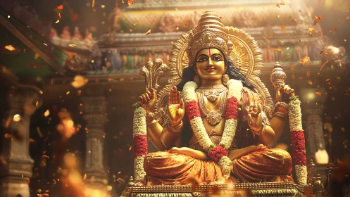 Divine Hindu deity idol with radiant garlands and halo glow.