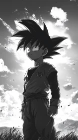 Young anime warrior in dramatic backlit grayscale landscape.