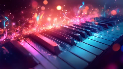 Neon piano keys ignite swirling cosmic music energy