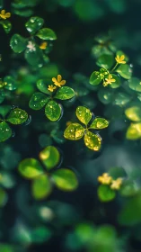 Dewlit clover leaves and yellow blossoms in soft bokeh focus.