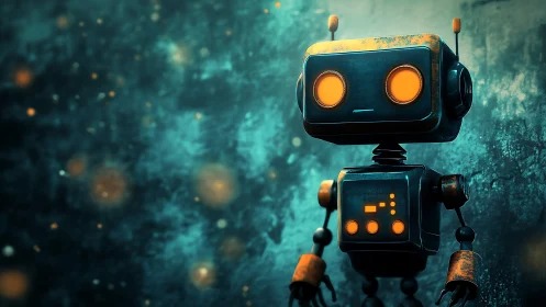Glowing-eyed retro robot stands in bokeh-lit industrial haze