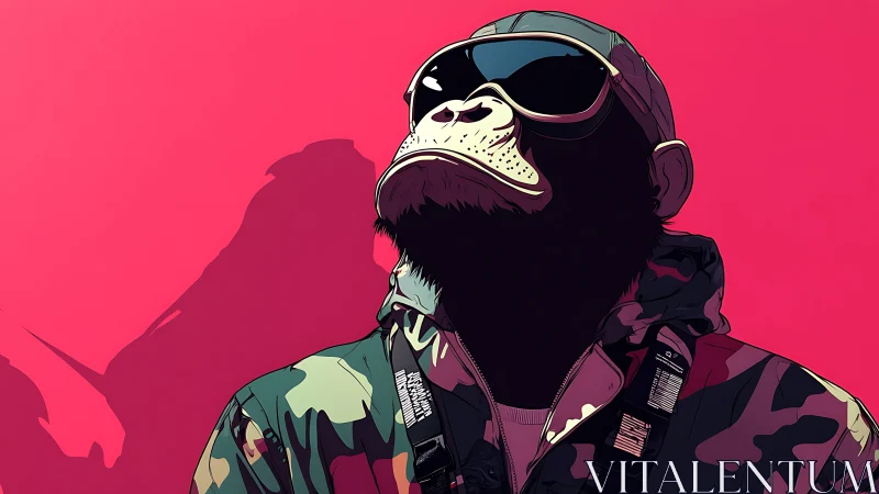 Stylized chimpanzee in camouflage jacket and dark sunglasses.