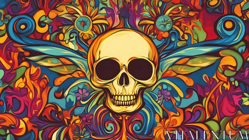 Vibrant skull floats in swirling psychedelic floral chaos
