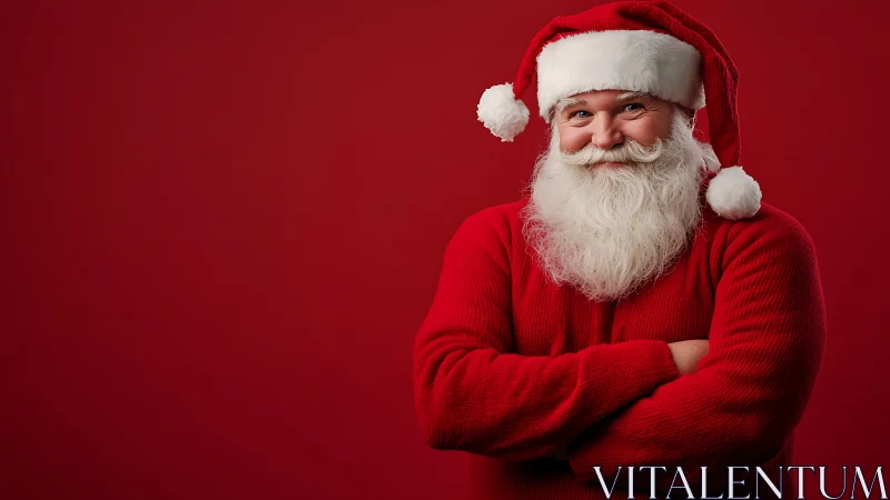 Man in Santa outfit stands smiling against red background
