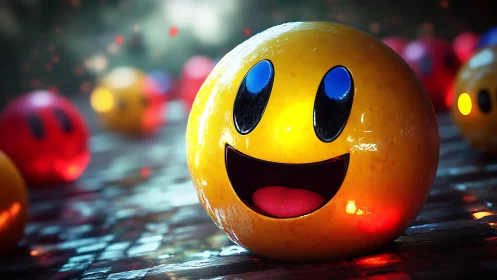 Glowing smiley sphere on wet pavement amid blurred orbs.