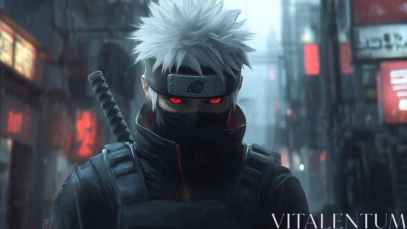 White-haired masked figure in rainy neon-lit alleyway at night.