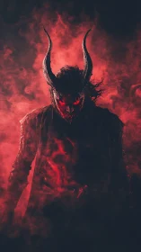 Horned shadowwalker rising through crimson ashstorm.