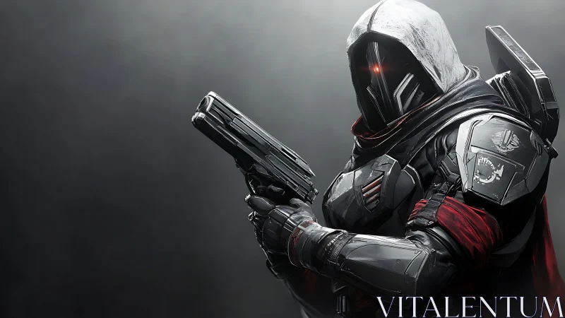 Futuristic armored soldier with hood and pistol ready.