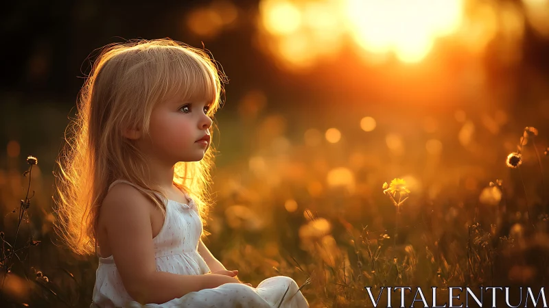 Young child in white dress seated among flowering plants.