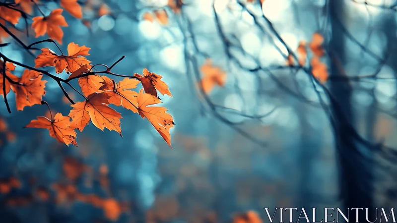 Selective focus study of orange maple foliage in blue mist.