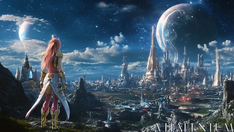 Armored heroine surveys luminous exoplanetary megacity skyline