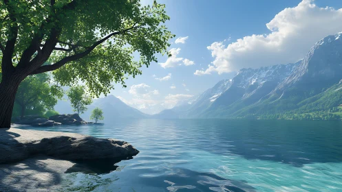 Mountain lake shoreline with trees and distant peaks.