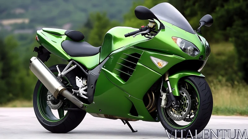 Metallic green sport motorcycle on mountain roadside.