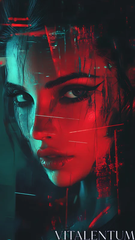 Neon-lit cyber gaze in a city of glowing fractured echoes.