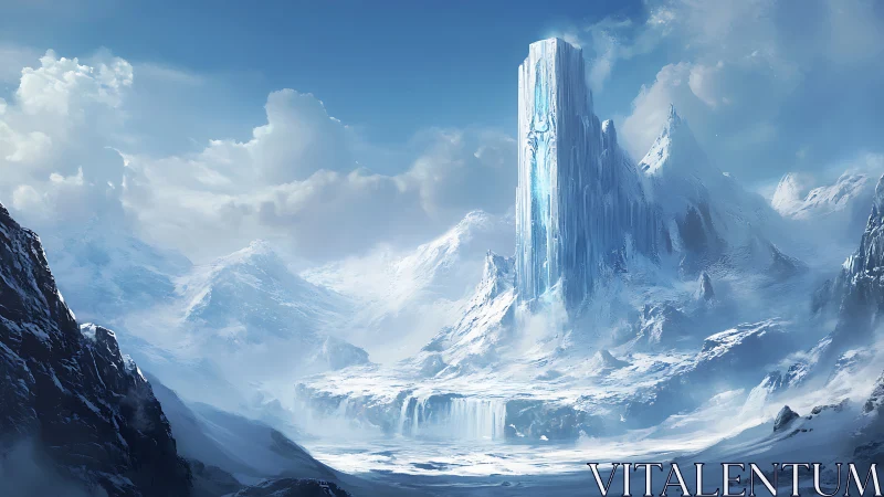 Frozen monolith kingdom crowned by clouds and winter hush.