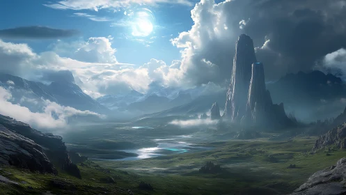 Mystic sky towers above tranquil emerald valley dreamscape.