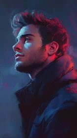 Digital painting portrait in neon rim light profile study.