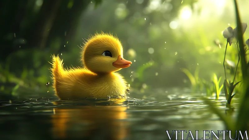 Duckling floats in shallow pond with soft backlighting