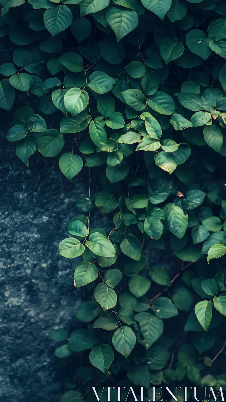 Climbing ivy leaves against textured stone wall backdrop.