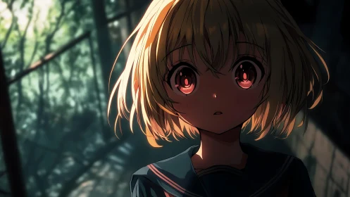 Blonde anime student under strong backlighting indoors.