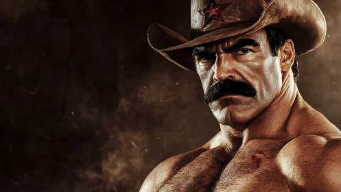 Muscular cowboy with stern gaze in dramatic portrait.