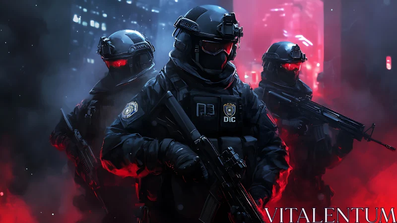 Tactical cyber-squad advances through neon red fog.