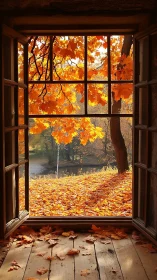 Open wooden window reveals a glowing golden autumn landscape