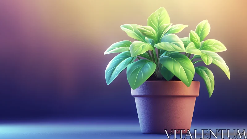 Potted green plant on gradient background, digital rendering.