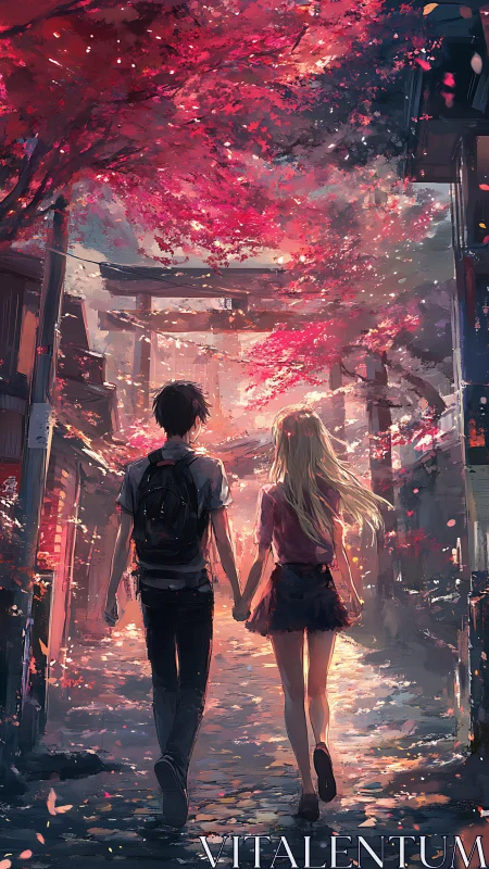 Couple walking under red autumn trees at sunset street.