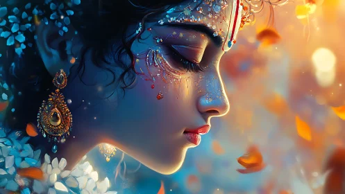 Divine profile portrait glows with jeweled serenity, petals swirl