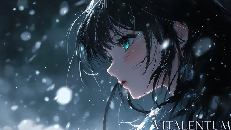 Side profile anime girl with teal eyes in softly lit snowfall