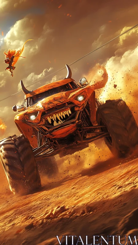 Demonic desert monster truck charging through firestorm.