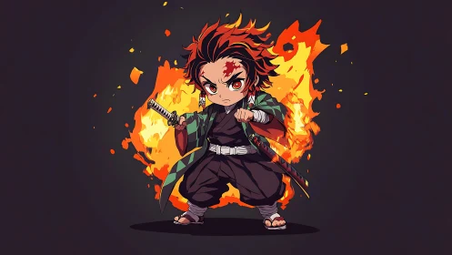 Chibi anime swordsman in combat stance before stylized fire.
