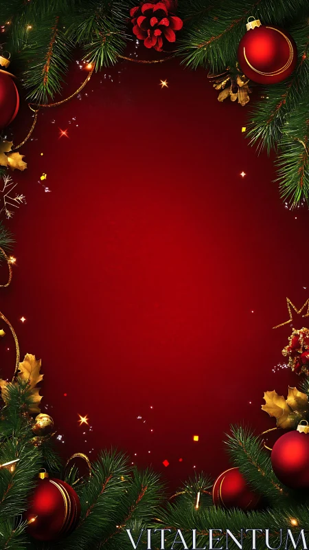 Festive red Christmas frame with ornaments glows warmly.