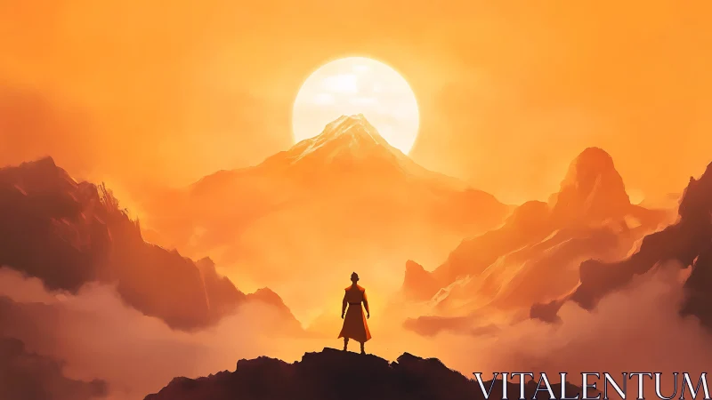 Solitary figure surveying misty orange mountainscape at dawn