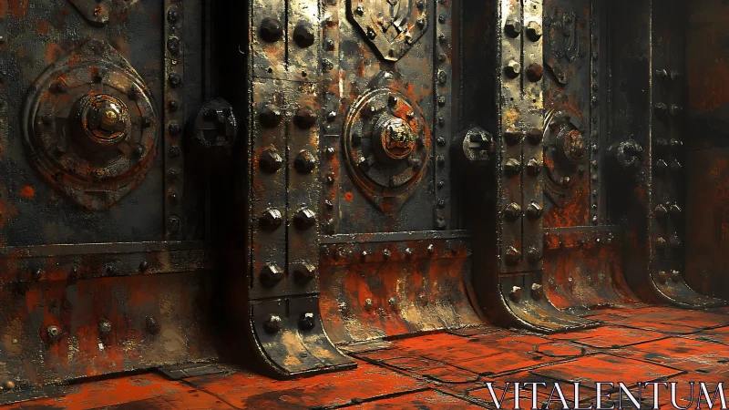 Rusted industrial steel doors display heavy riveted plating