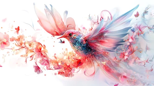 Colorful hummingbird in flight amid pink floral bloom.