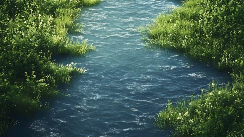 Hydrodynamic river channel bordered by dense riparian vegetation.