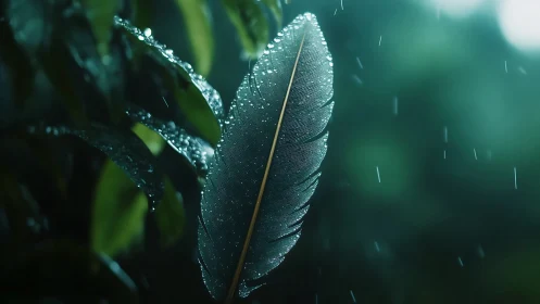Macro-rendered feather with water droplets in soft rainforest rain