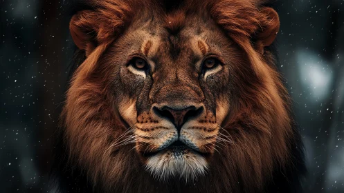 Photorealistic lion portrait under falling winter snow.
