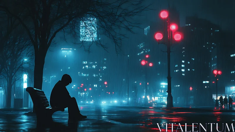 Lonely figure sits on bench under neon city rain